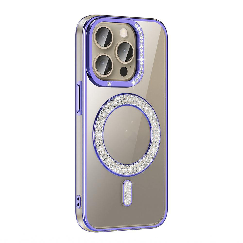 Apple iPhone 15 Pro Max Kılıf Pırlanta Taş Tasarımlı M-safe Şarj Özellikli Zore Karetta Silikon Kapak Mor