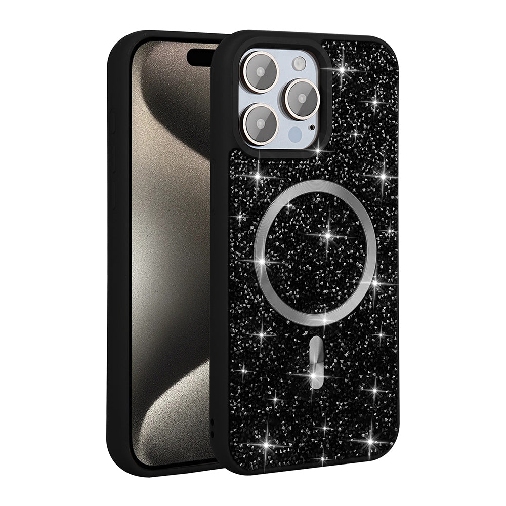 Apple iPhone 15 Pro Max Kılıf Pırlanta Tasarımlı M-safe Şarj Özellikli Zore Mozaik Silikon Kapak Desert Titanyum