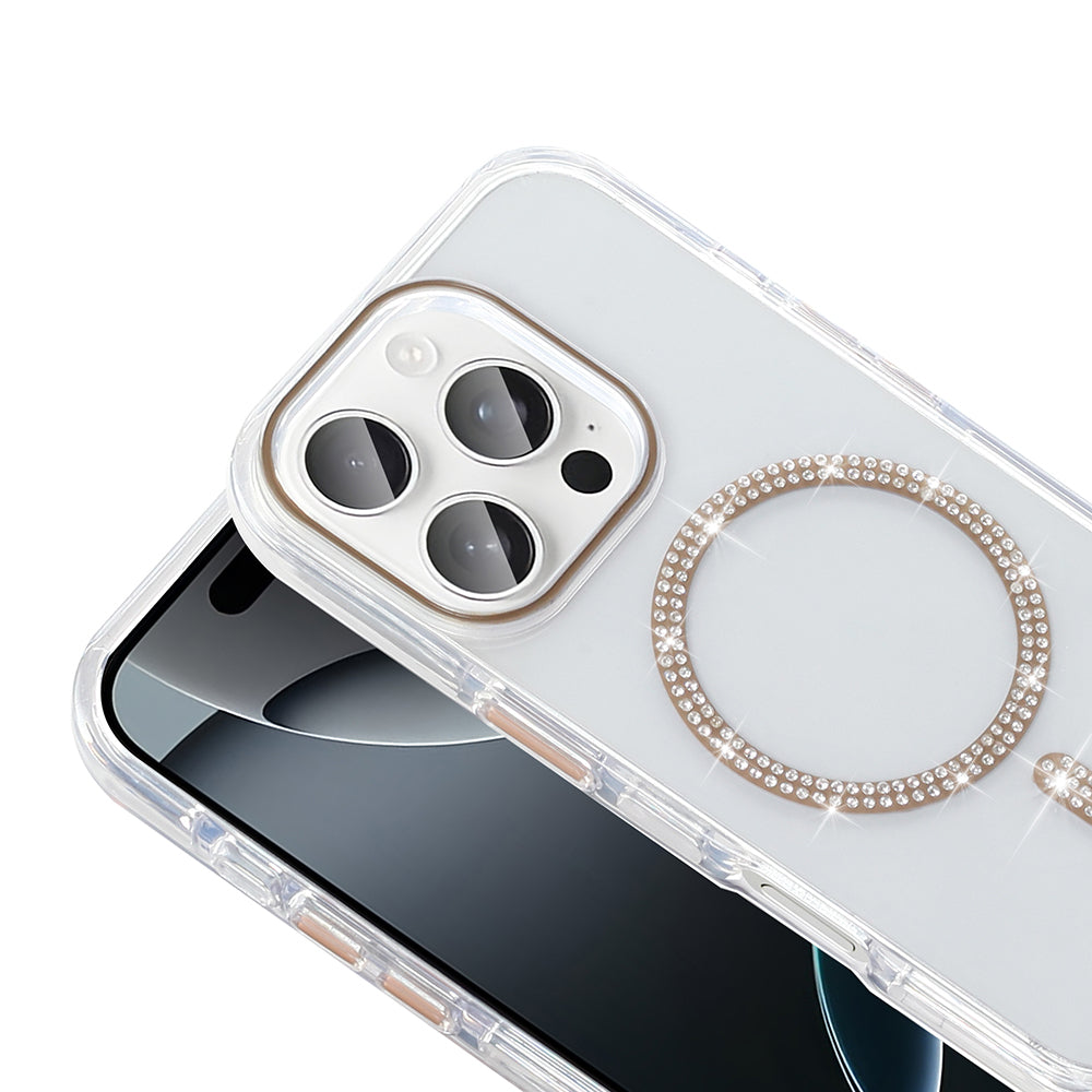 Apple iPhone 15 Pro Max Kılıf Taşlı Tasarım M-safe Şarj Özellikli Zore Koment Silikon Kapak Gold