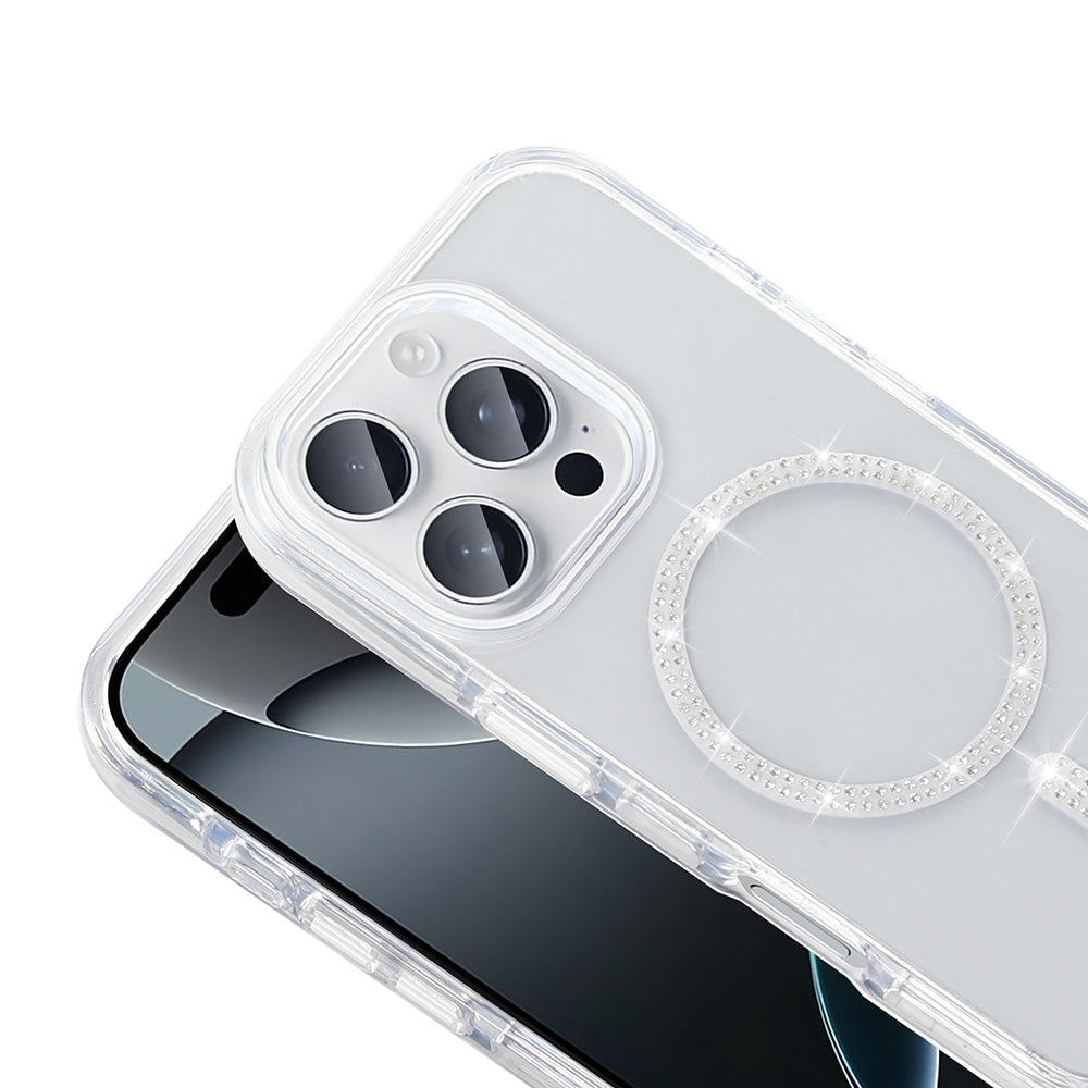 Apple iPhone 15 Pro Max Kılıf Taşlı Tasarım M-safe Şarj Özellikli Zore Koment Silikon Kapak Gold