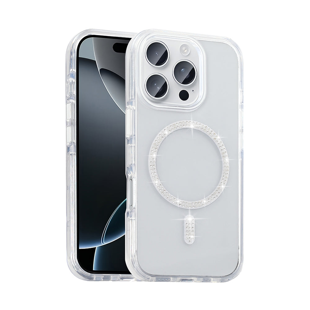 Apple iPhone 15 Pro Max Kılıf Taşlı Tasarım M-safe Şarj Özellikli Zore Koment Silikon Kapak Gümüş