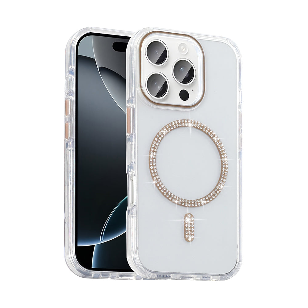 Apple iPhone 15 Pro Max Kılıf Taşlı Tasarım M-safe Şarj Özellikli Zore Koment Silikon Kapak Gold