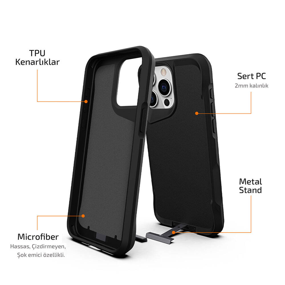 Apple iPhone 15 Pro Max Kılıf Zore Airbag Kenarlı T-Max Mat Standlı Kapak Siyah