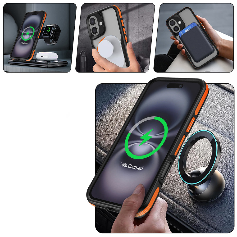 Apple iPhone 16 Kılıf M-safe Şarj Özellikli Renkli Kenar Airbag Şeritli Zore Lamer Kapak Turuncu