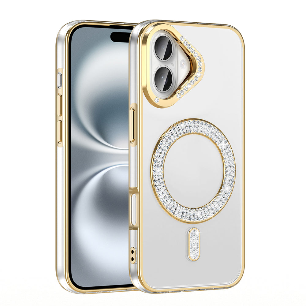 Apple iPhone 16 Kılıf Pırlanta Taş Tasarımlı M-safe Şarj Özellikli Zore Karetta Silikon Kapak Gümüş