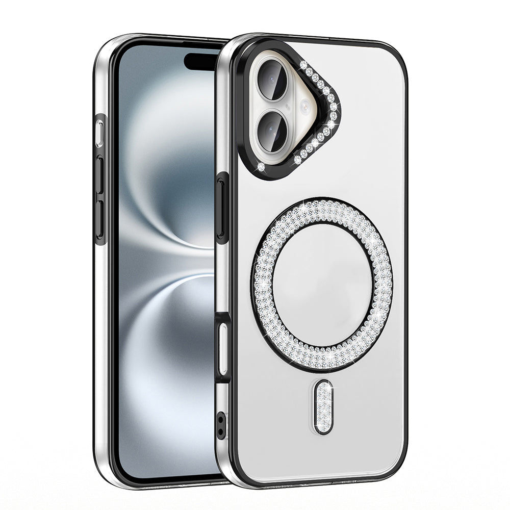 Apple iPhone 16 Kılıf Pırlanta Taş Tasarımlı M-safe Şarj Özellikli Zore Karetta Silikon Kapak Gümüş