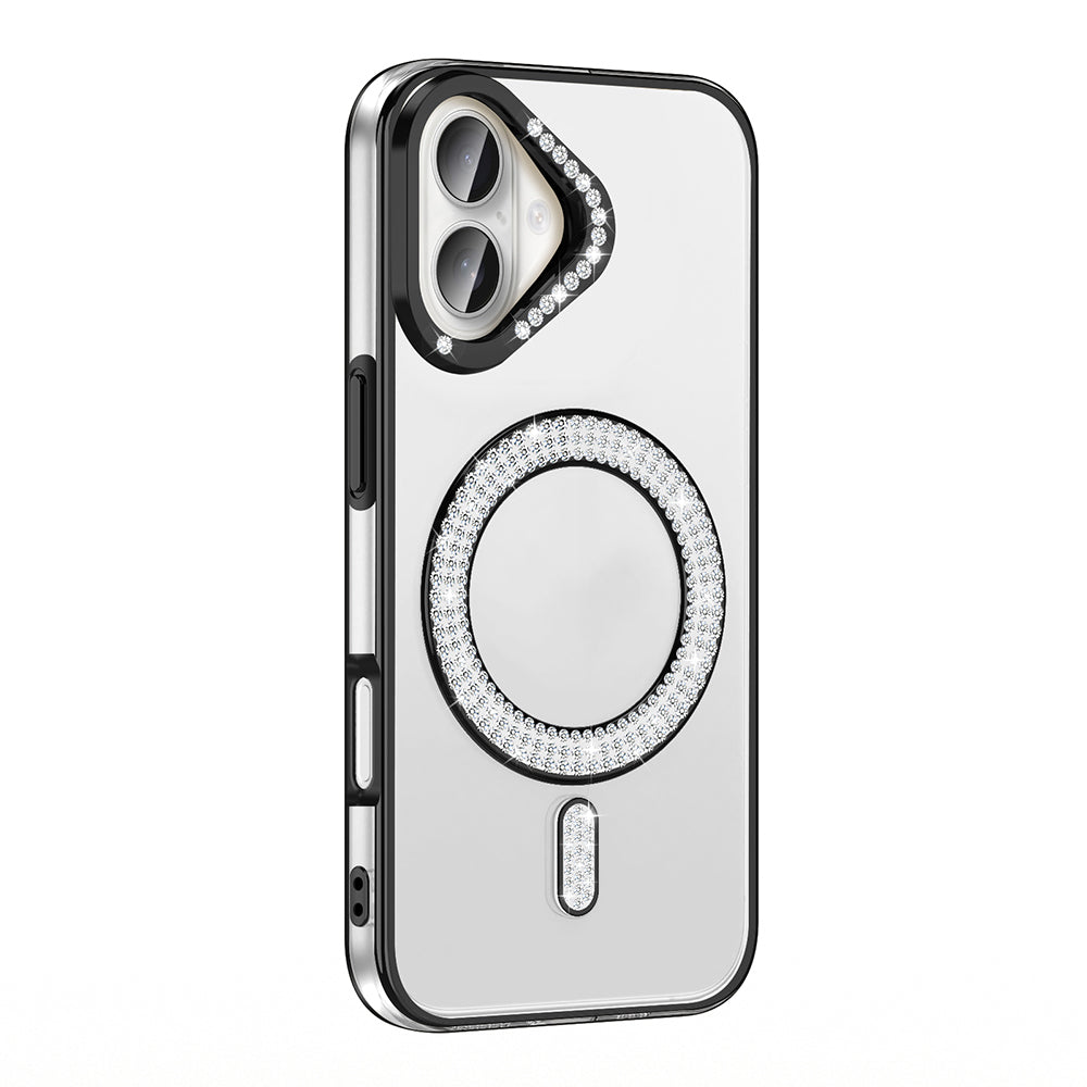 Apple iPhone 16 Kılıf Pırlanta Taş Tasarımlı M-safe Şarj Özellikli Zore Karetta Silikon Kapak Siyah