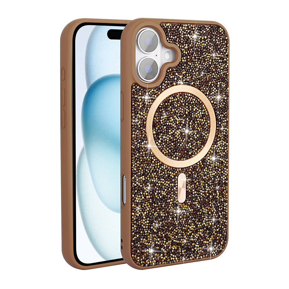 Apple iPhone 16 Kılıf Pırlanta Tasarımlı M-safe Şarj Özellikli Zore Mozaik Silikon Kapak Desert Titanyum