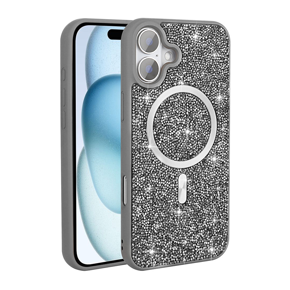 Apple iPhone 16 Kılıf Pırlanta Tasarımlı M-safe Şarj Özellikli Zore Mozaik Silikon Kapak Desert Titanyum