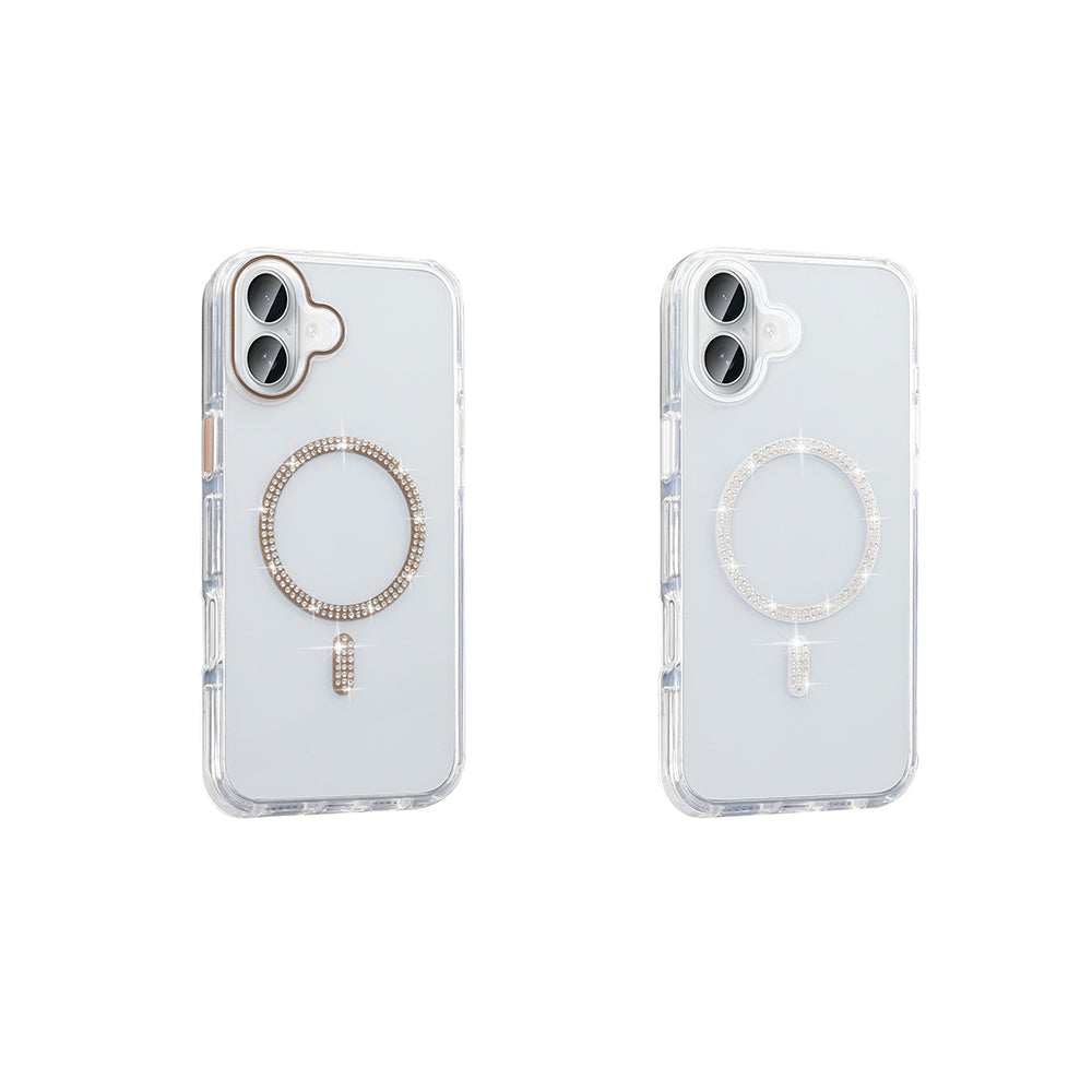 Apple iPhone 16 Kılıf Taşlı Tasarım M-safe Şarj Özellikli Zore Koment Silikon Kapak Gold