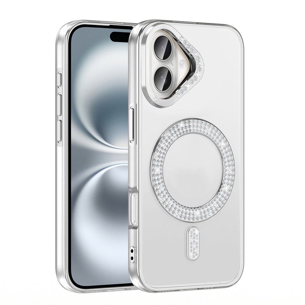 Apple iPhone 16 Plus Kılıf Pırlanta Taş Tasarımlı M-safe Şarj Özellikli Zore Karetta Silikon Kapak Gümüş