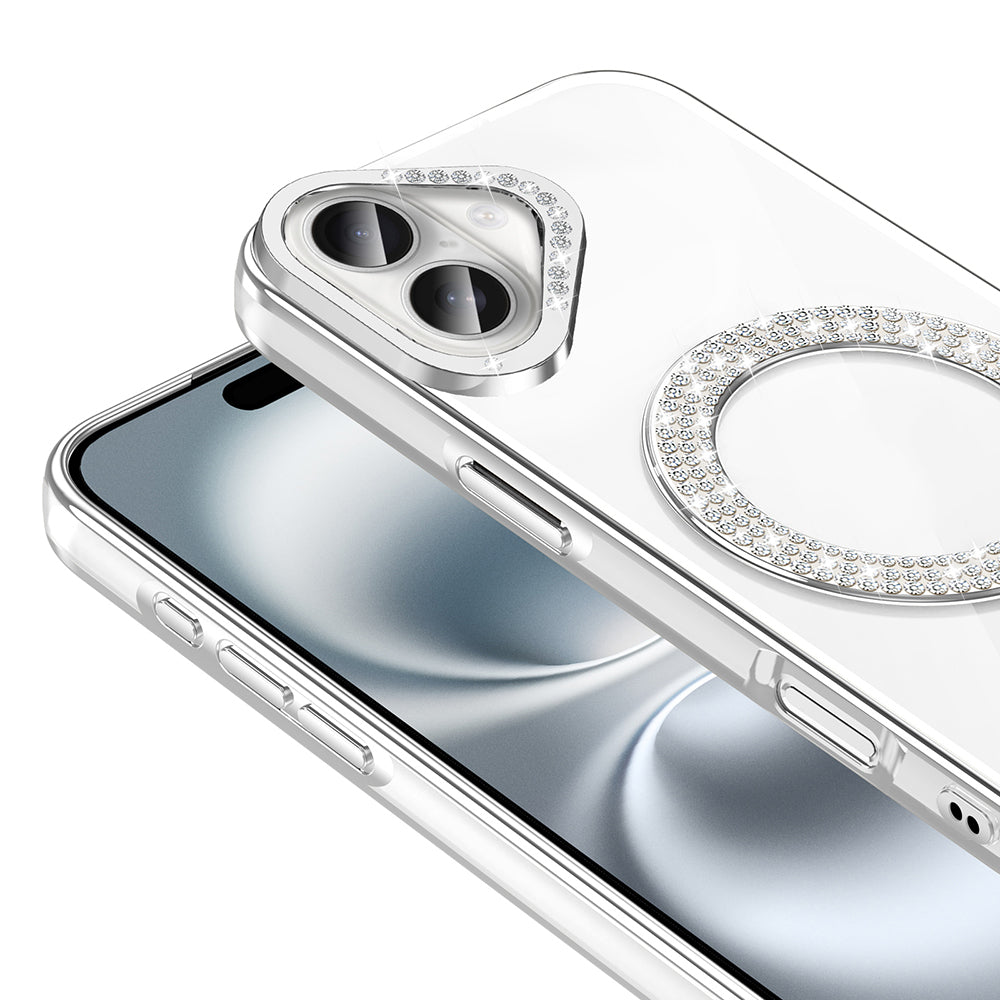 Apple iPhone 16 Plus Kılıf Pırlanta Taş Tasarımlı M-safe Şarj Özellikli Zore Karetta Silikon Kapak Gümüş
