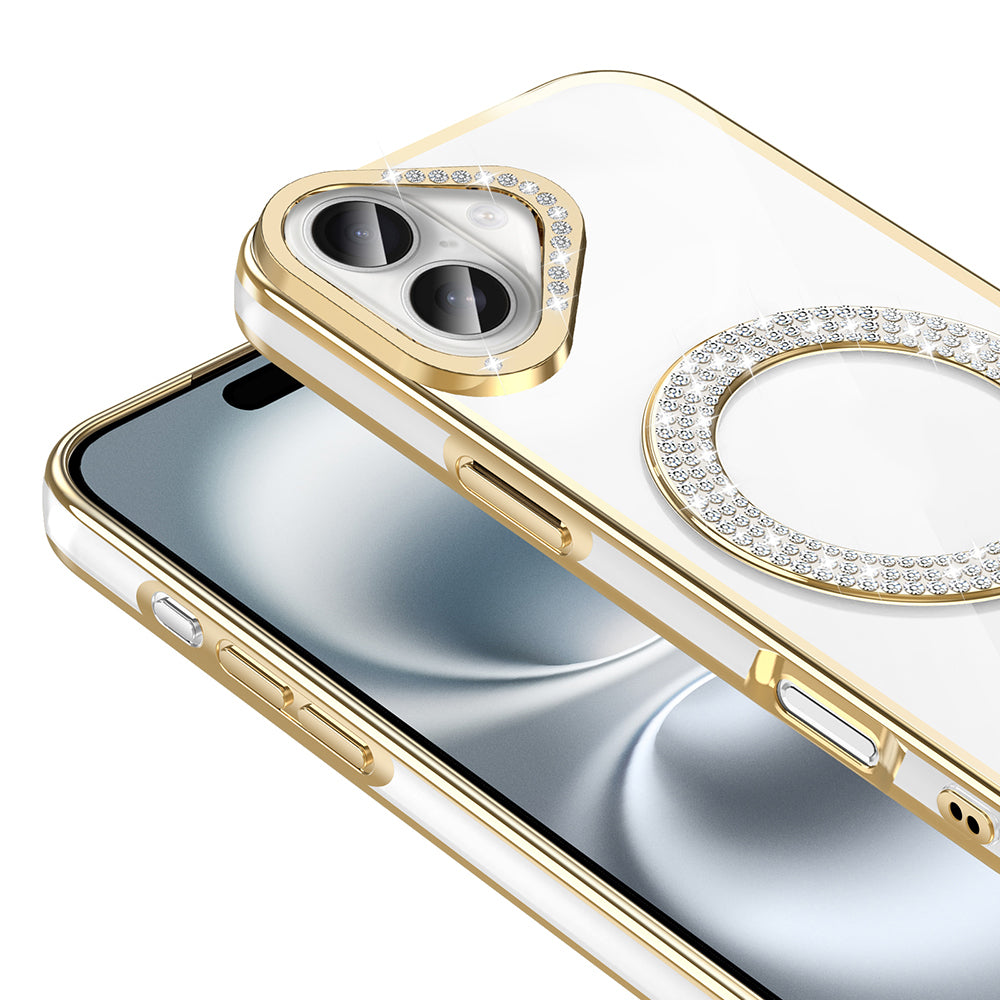 Apple iPhone 16 Plus Kılıf Pırlanta Taş Tasarımlı M-safe Şarj Özellikli Zore Karetta Silikon Kapak Gold