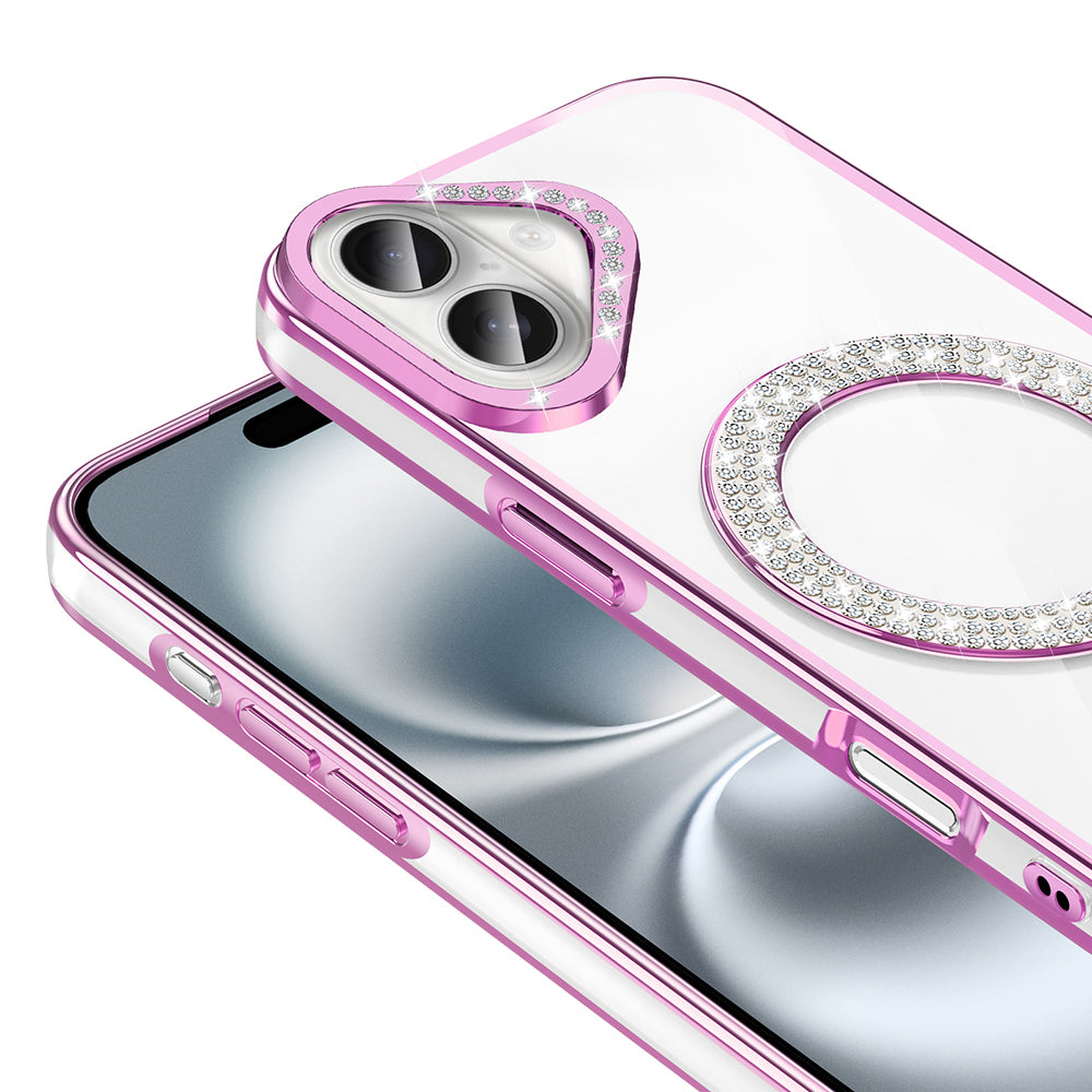 Apple iPhone 16 Plus Kılıf Pırlanta Taş Tasarımlı M-safe Şarj Özellikli Zore Karetta Silikon Kapak Rose Gold