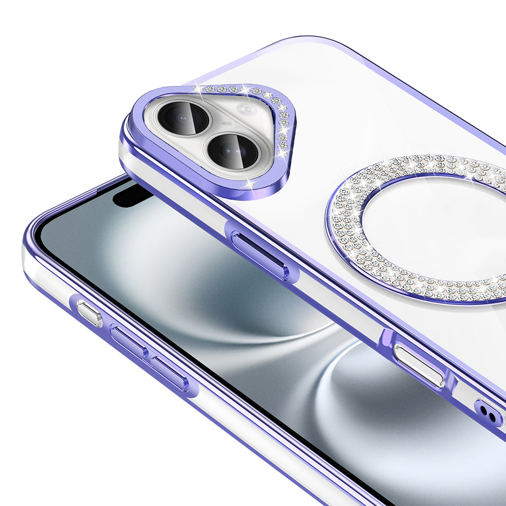 Apple iPhone 16 Plus Kılıf Pırlanta Taş Tasarımlı M-safe Şarj Özellikli Zore Karetta Silikon Kapak Mor