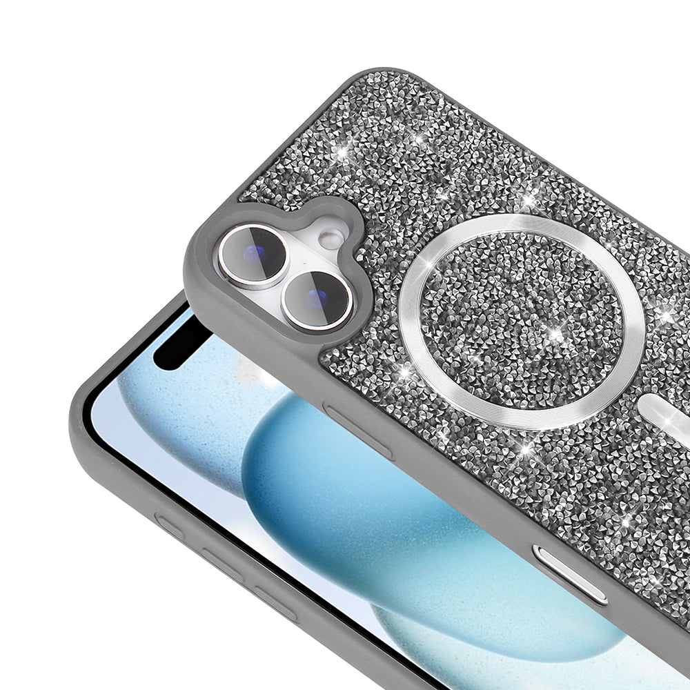 Apple iPhone 16 Plus Kılıf Pırlanta Tasarımlı M-safe Şarj Özellikli Zore Mozaik Silikon Kapak Titanyum-Gri