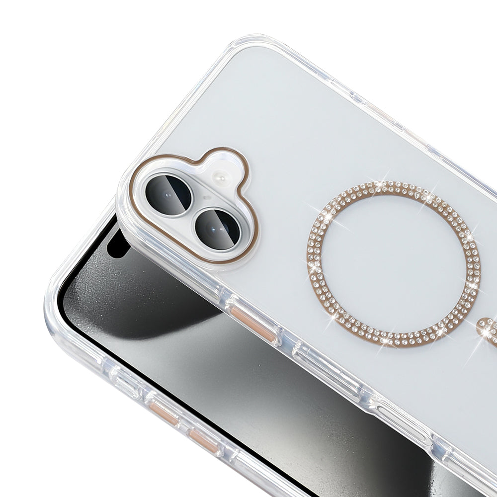 Apple iPhone 16 Plus Kılıf Taşlı Tasarım M-safe Şarj Özellikli Zore Koment Silikon Kapak Gold