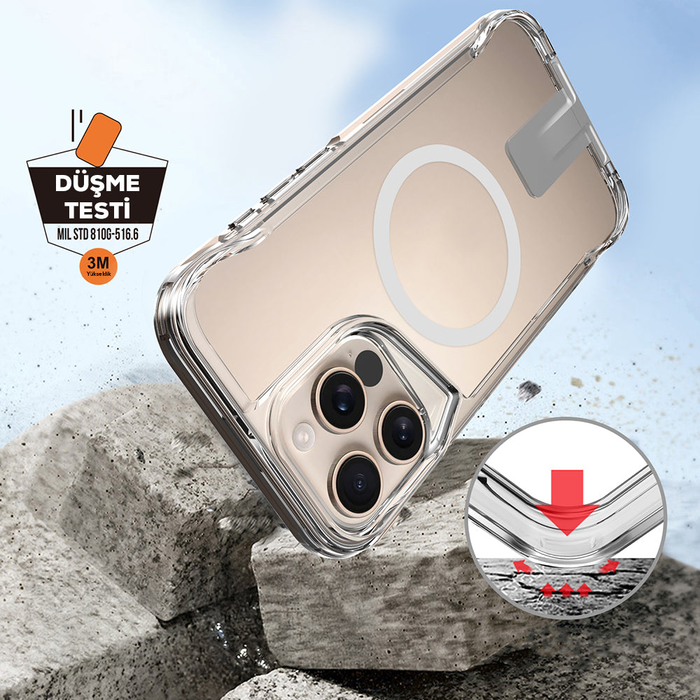 Apple iPhone 16 Pro Kılıf M-safe Şarj Özellikli Zore T-Max Standlı Kapak Şeffaf