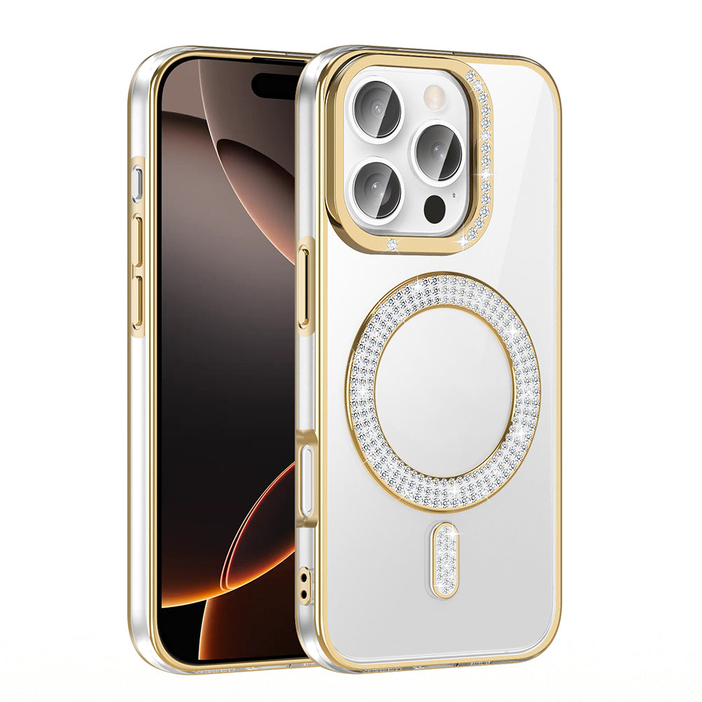 Apple iPhone 16 Pro Kılıf Pırlanta Taş Tasarımlı M-safe Şarj Özellikli Zore Karetta Silikon Kapak Rose Gold