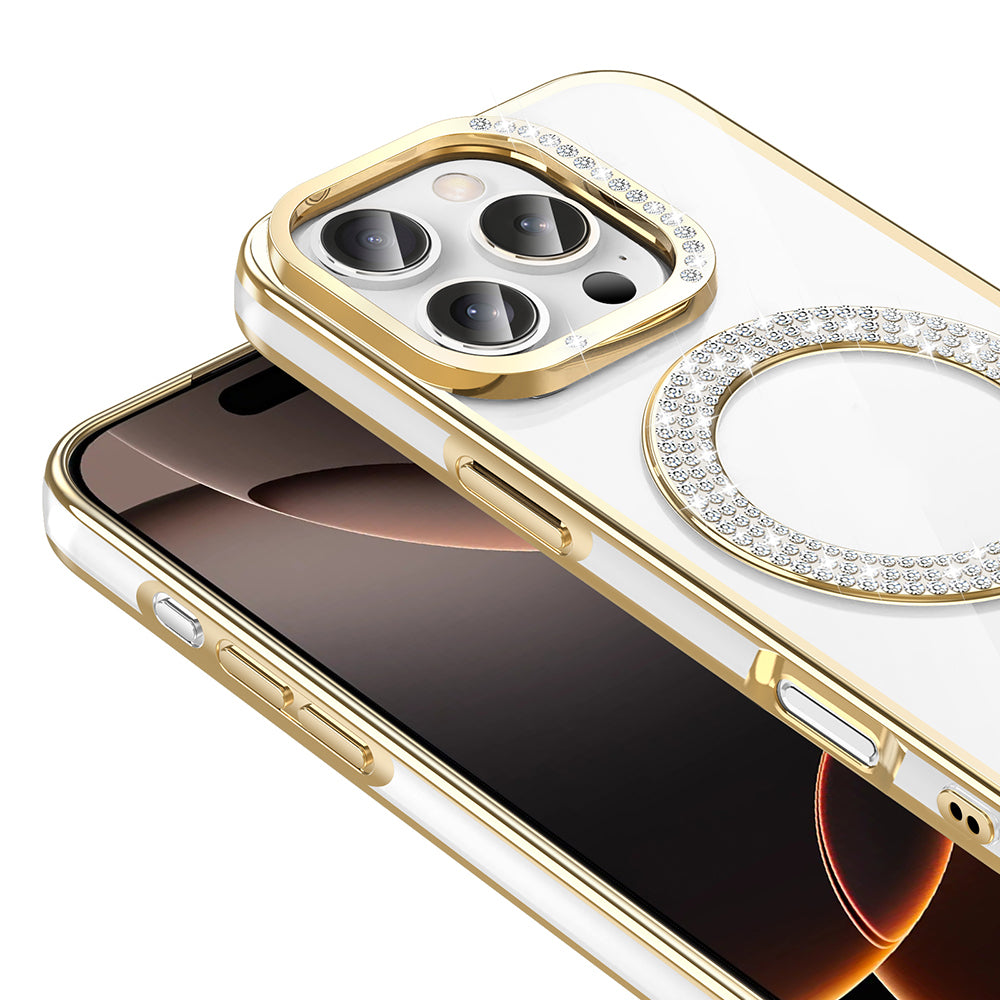 Apple iPhone 16 Pro Kılıf Pırlanta Taş Tasarımlı M-safe Şarj Özellikli Zore Karetta Silikon Kapak Gold