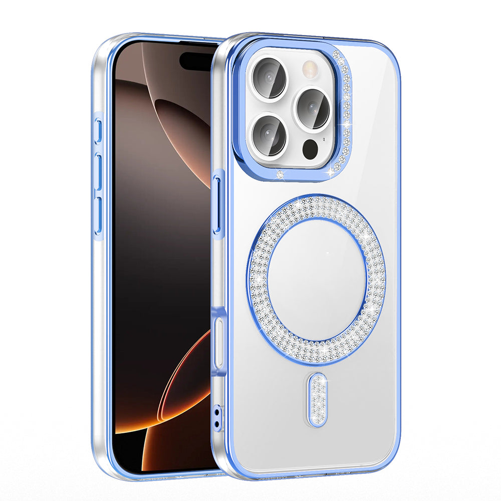 Apple iPhone 16 Pro Kılıf Pırlanta Taş Tasarımlı M-safe Şarj Özellikli Zore Karetta Silikon Kapak Mavi