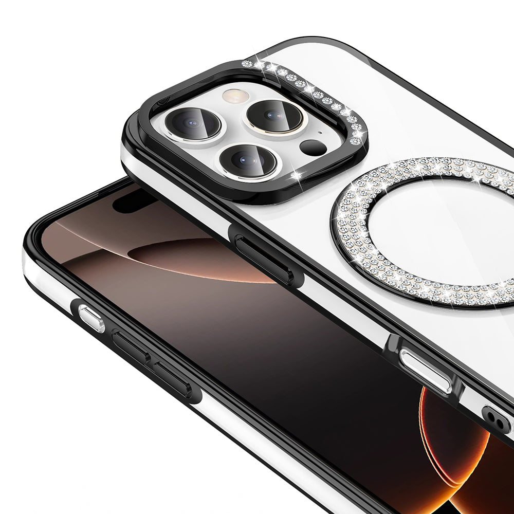 Apple iPhone 16 Pro Kılıf Pırlanta Taş Tasarımlı M-safe Şarj Özellikli Zore Karetta Silikon Kapak Siyah