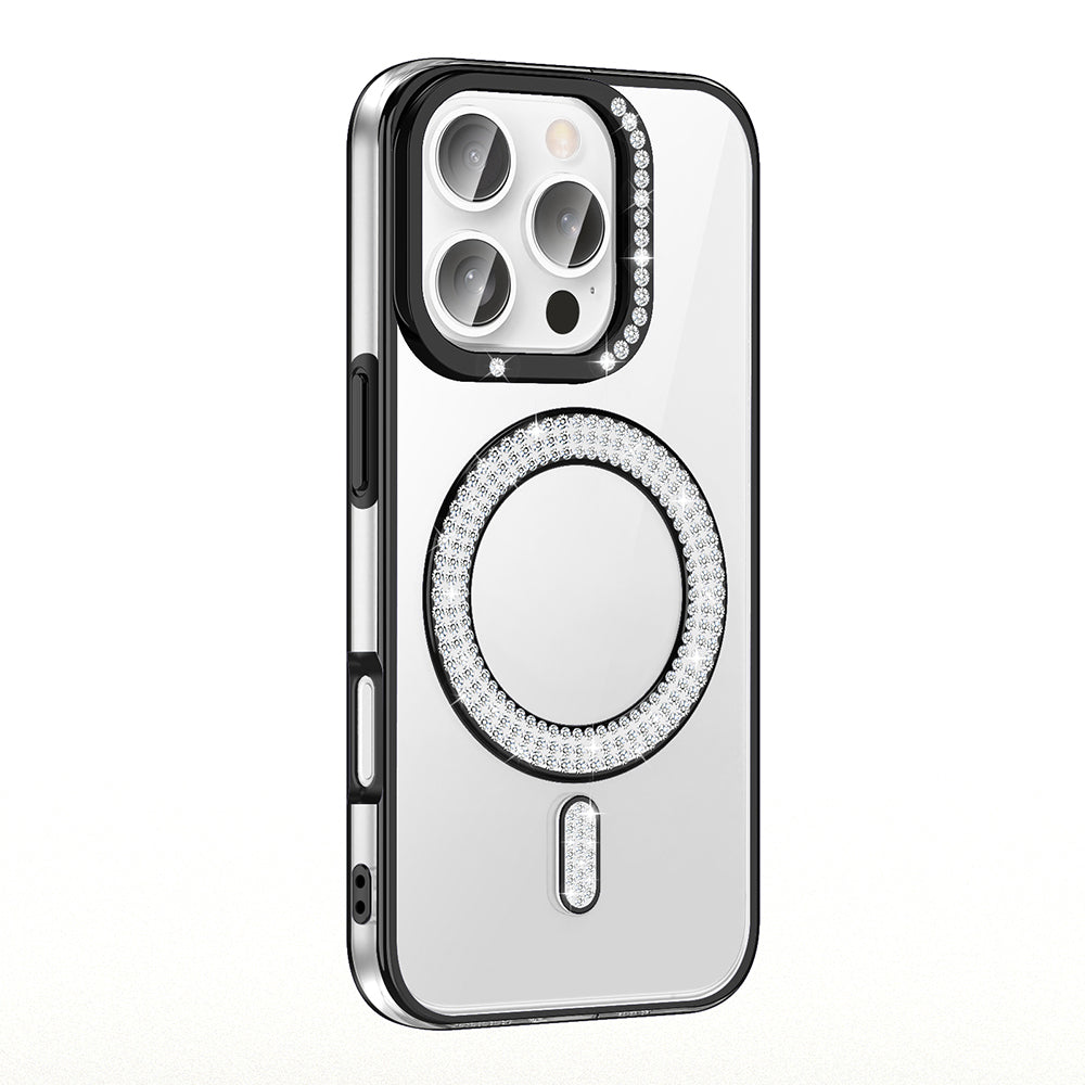 Apple iPhone 16 Pro Kılıf Pırlanta Taş Tasarımlı M-safe Şarj Özellikli Zore Karetta Silikon Kapak Siyah