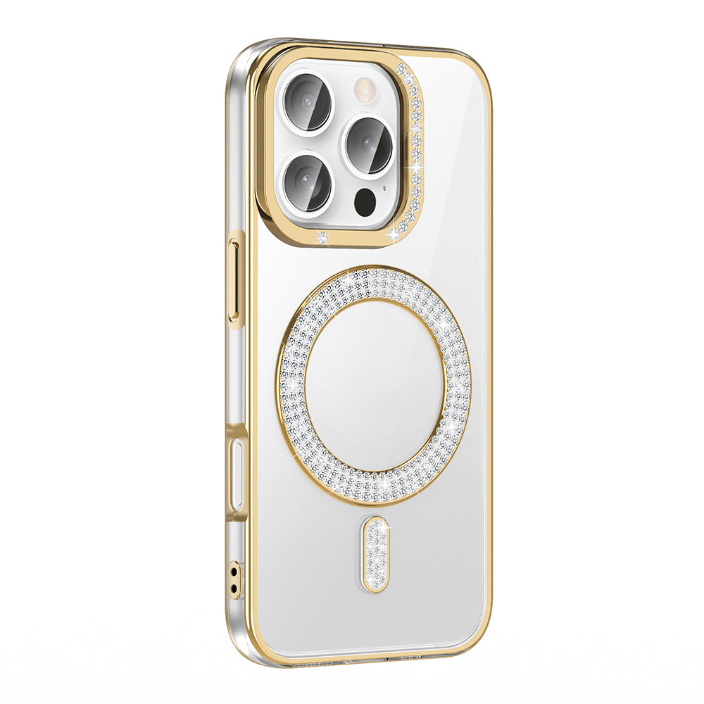 Apple iPhone 16 Pro Max Kılıf Pırlanta Taş Tasarımlı M-safe Şarj Özellikli Zore Karetta Silikon Kapak Rose Gold