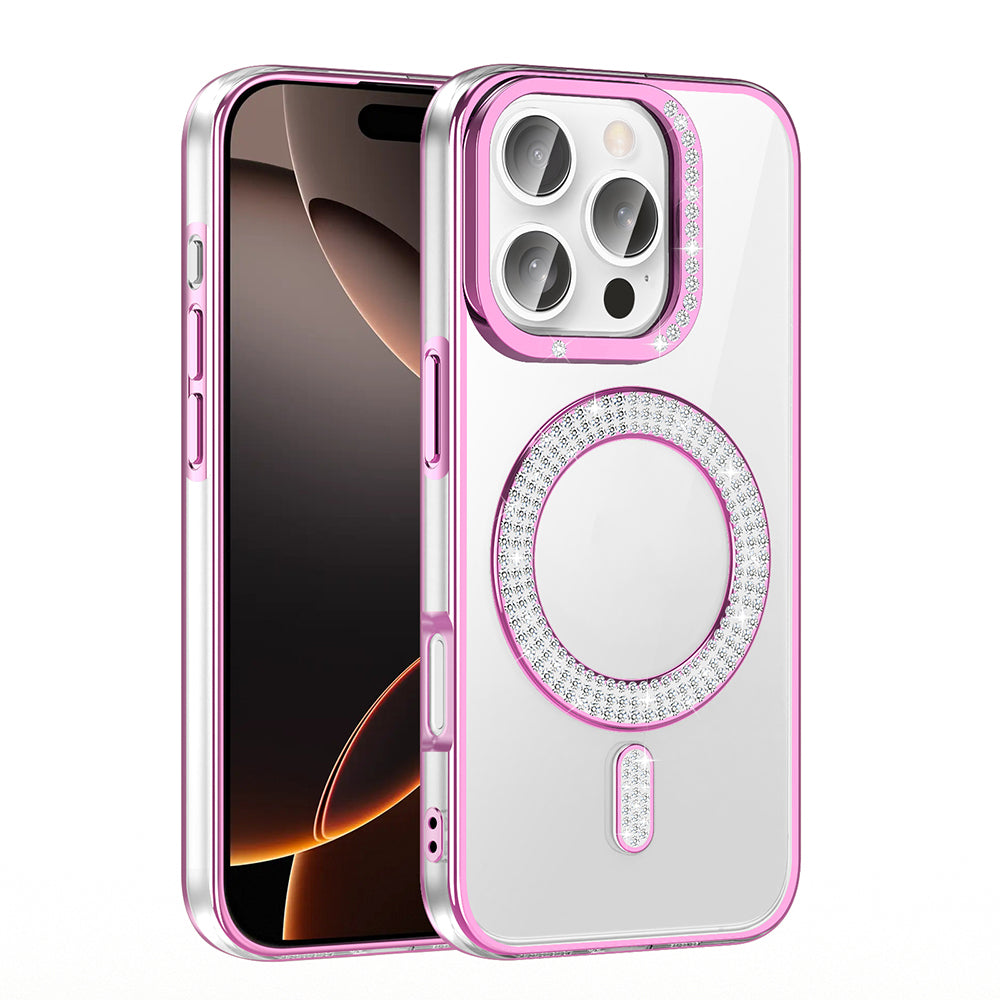 Apple iPhone 16 Pro Max Kılıf Pırlanta Taş Tasarımlı M-safe Şarj Özellikli Zore Karetta Silikon Kapak Rose Gold
