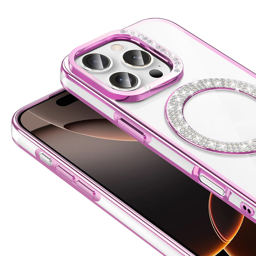 Apple iPhone 16 Pro Max Kılıf Pırlanta Taş Tasarımlı M-safe Şarj Özellikli Zore Karetta Silikon Kapak Gümüş