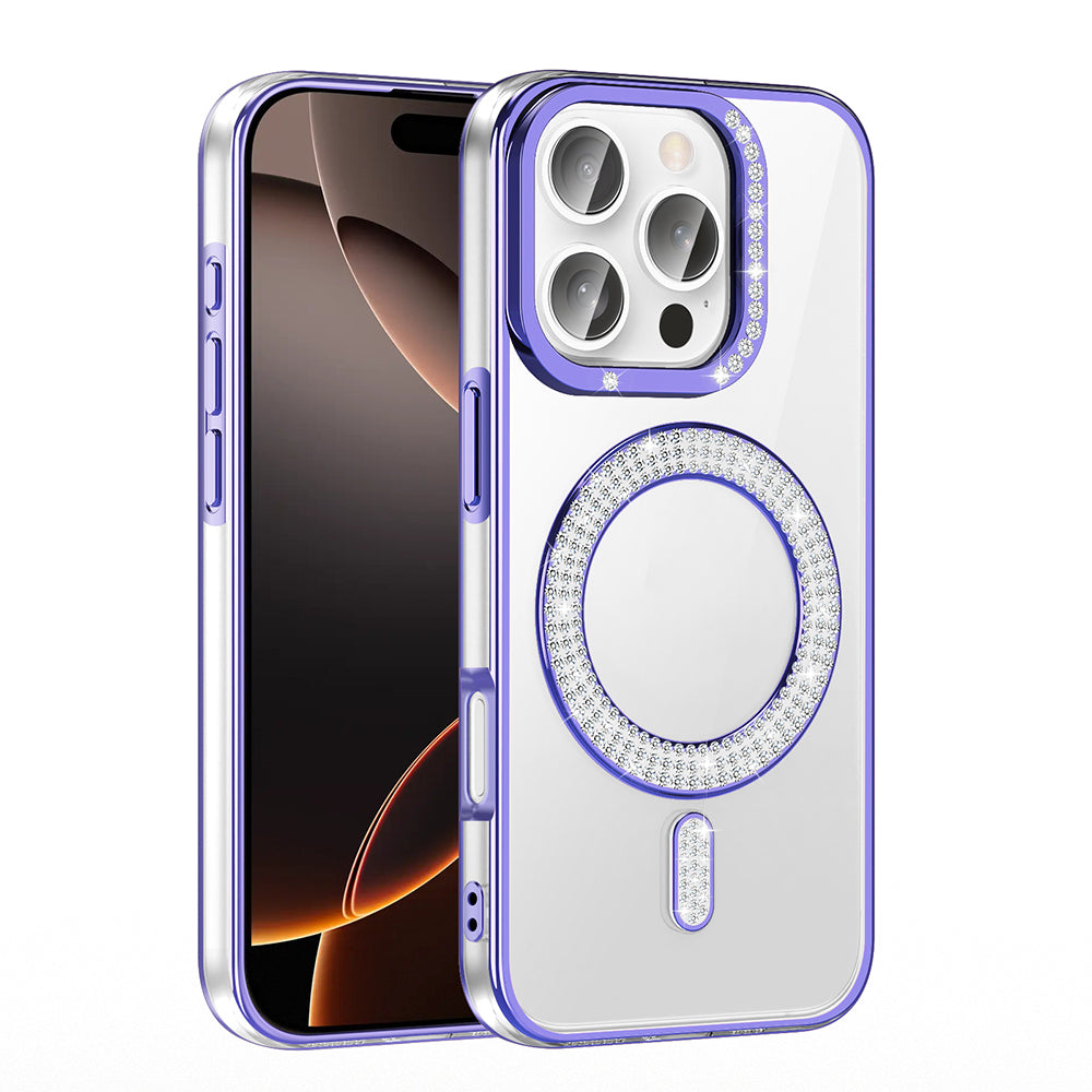 Apple iPhone 16 Pro Max Kılıf Pırlanta Taş Tasarımlı M-safe Şarj Özellikli Zore Karetta Silikon Kapak Mor