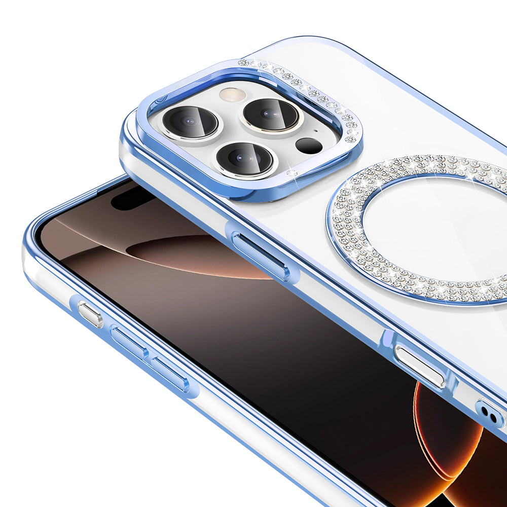 Apple iPhone 16 Pro Max Kılıf Pırlanta Taş Tasarımlı M-safe Şarj Özellikli Zore Karetta Silikon Kapak Gümüş