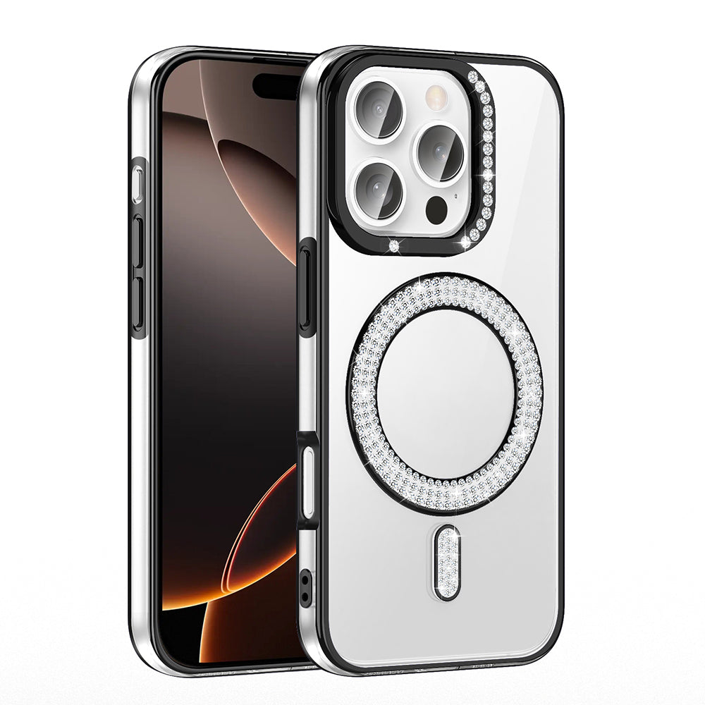 Apple iPhone 16 Pro Max Kılıf Pırlanta Taş Tasarımlı M-safe Şarj Özellikli Zore Karetta Silikon Kapak Rose Gold