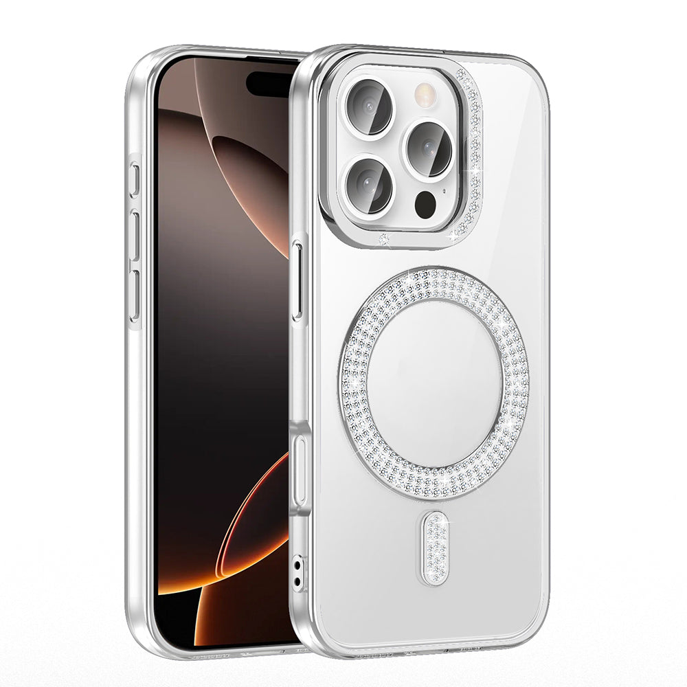 Apple iPhone 16 Pro Max Kılıf Pırlanta Taş Tasarımlı M-safe Şarj Özellikli Zore Karetta Silikon Kapak Mor