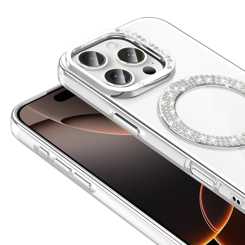 Apple iPhone 16 Pro Max Kılıf Pırlanta Taş Tasarımlı M-safe Şarj Özellikli Zore Karetta Silikon Kapak Siyah