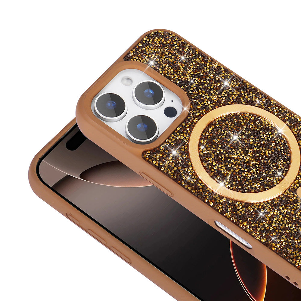 Apple iPhone 16 Pro Max Kılıf Pırlanta Tasarımlı M-safe Şarj Özellikli Zore Mozaik Silikon Kapak Desert Titanyum