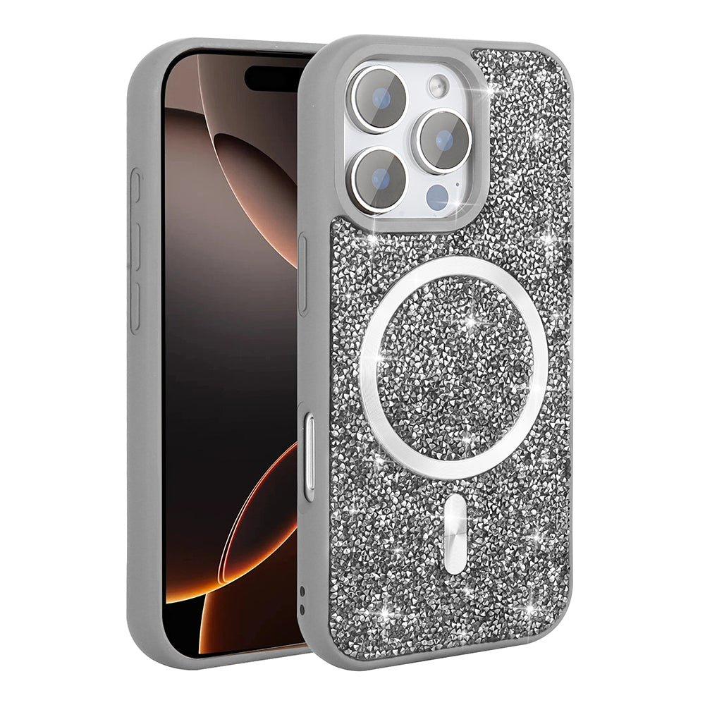 Apple iPhone 16 Pro Max Kılıf Pırlanta Tasarımlı M-safe Şarj Özellikli Zore Mozaik Silikon Kapak Titanyum-Gri