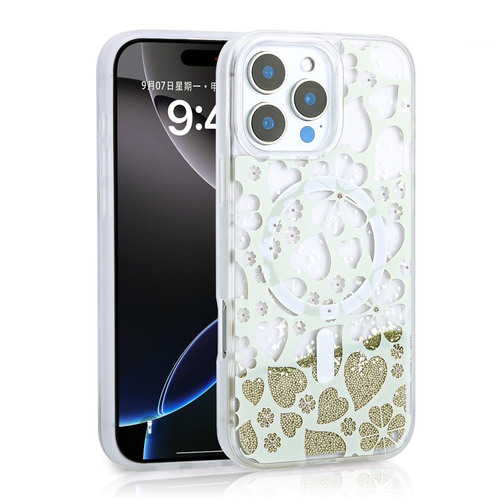 Apple iPhone 16 Pro Max Kılıf Sıvılı Simli Baskılı Şeffaf Arka Yüzey Zore Mossa Silikon Kapak