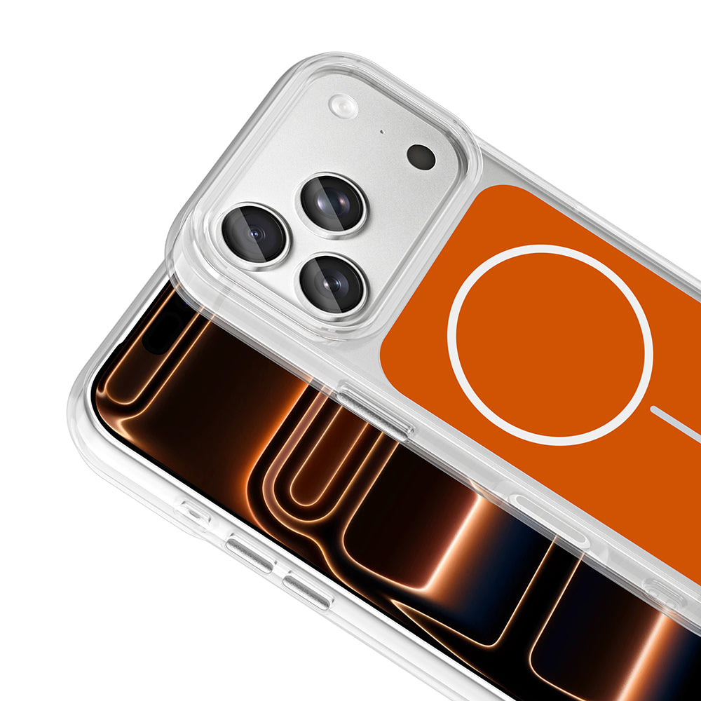 Apple iPhone 17 Pro Max Kılıf M-Safe Şarj Özellikli Metal Buton Tasarımlı Zore İkonik Sert Silikon Kapak Turuncu