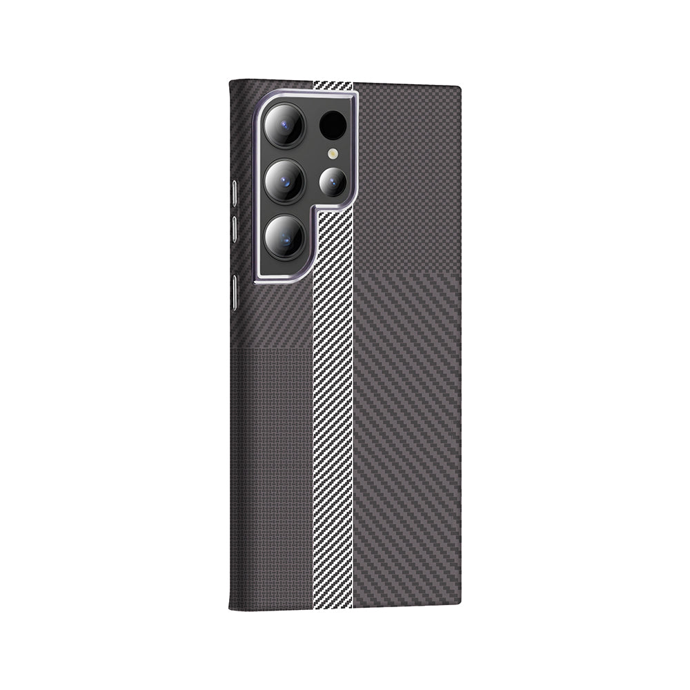 Galaxy S23 Ultra Kılıf M-safe Şarj Özellikli Karbon Fiber Görünümlü Zore Gros Kapak Gold-Siyah
