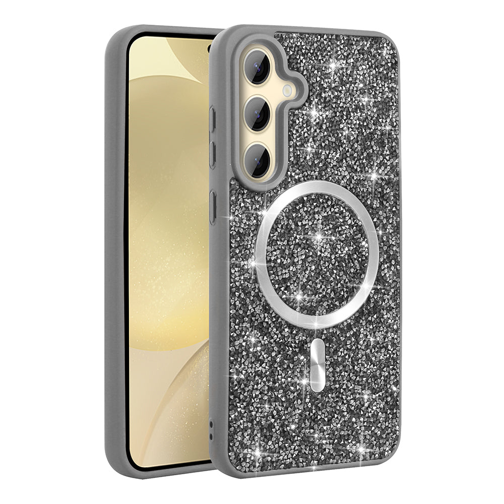 Galaxy S24 FE Kılıf Pırlanta Tasarımlı M-safe Şarj Özellikli Zore Mozaik Silikon Kapak Desert Titanyum