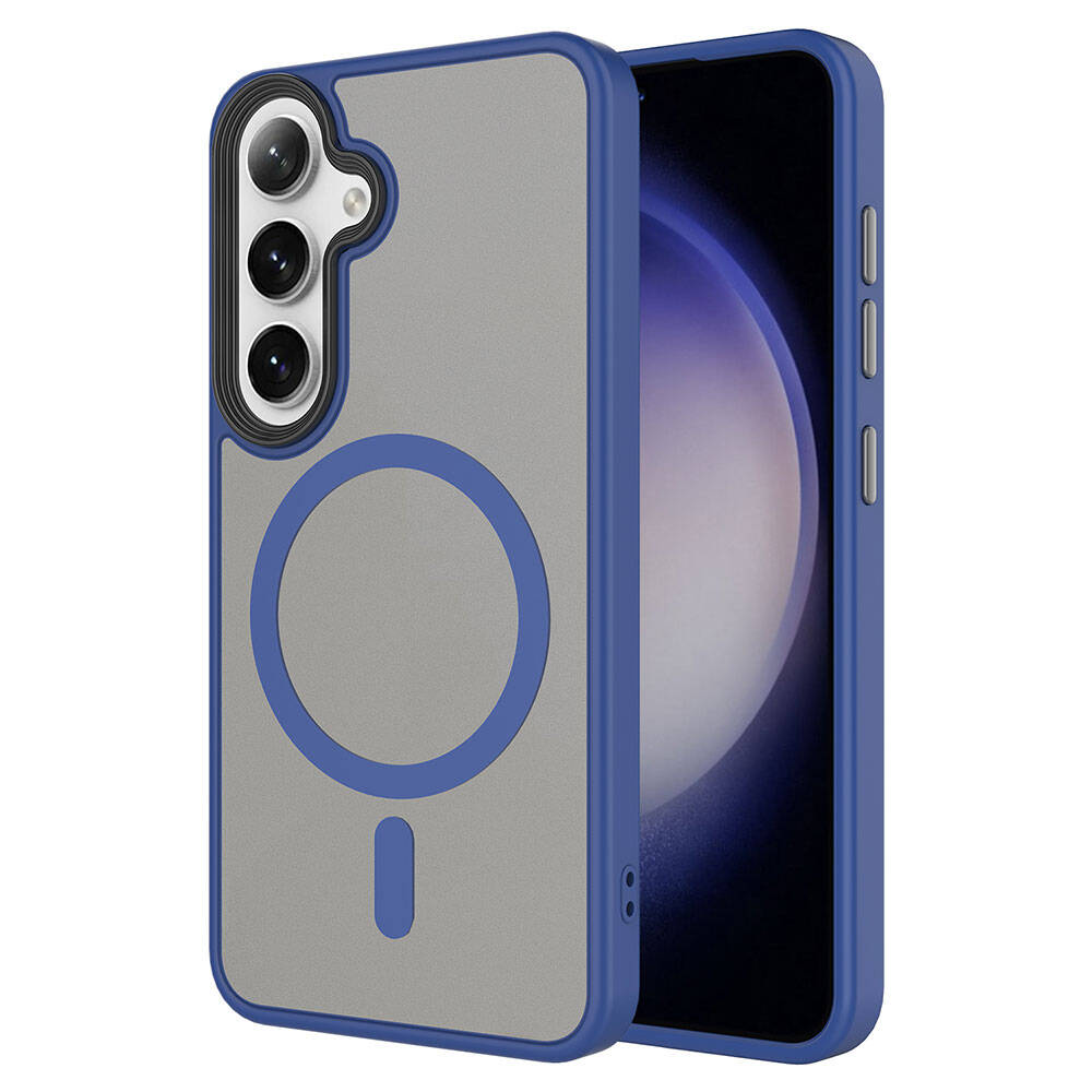 Galaxy S24 Kılıf Sert PC Arka Yüzey Wireless Şarj Özellikli Zore Flet M-safe Kapak Lacivert