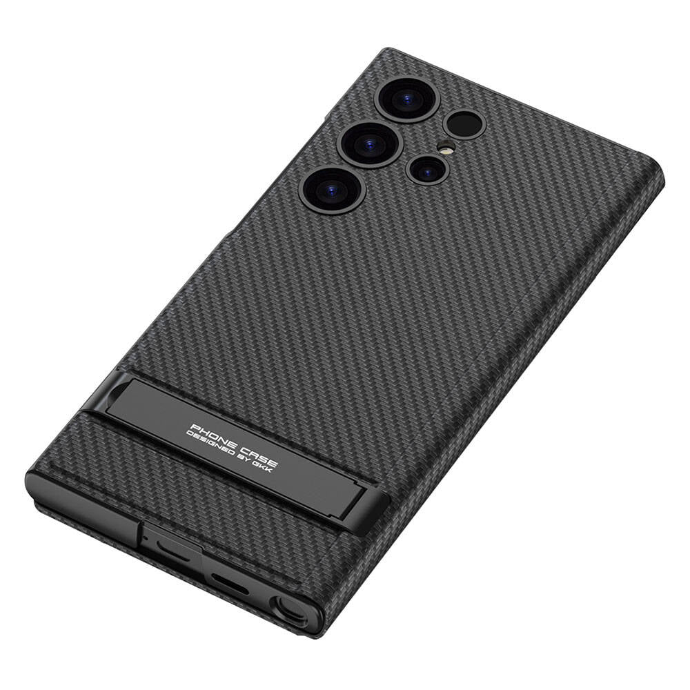 Galaxy S24 Ultra Kılıf Kamera Korumalı Karbon Tasarım Zore Droga Standlı Kartlıklı Kapaklı Kılıf Siyah Karbon