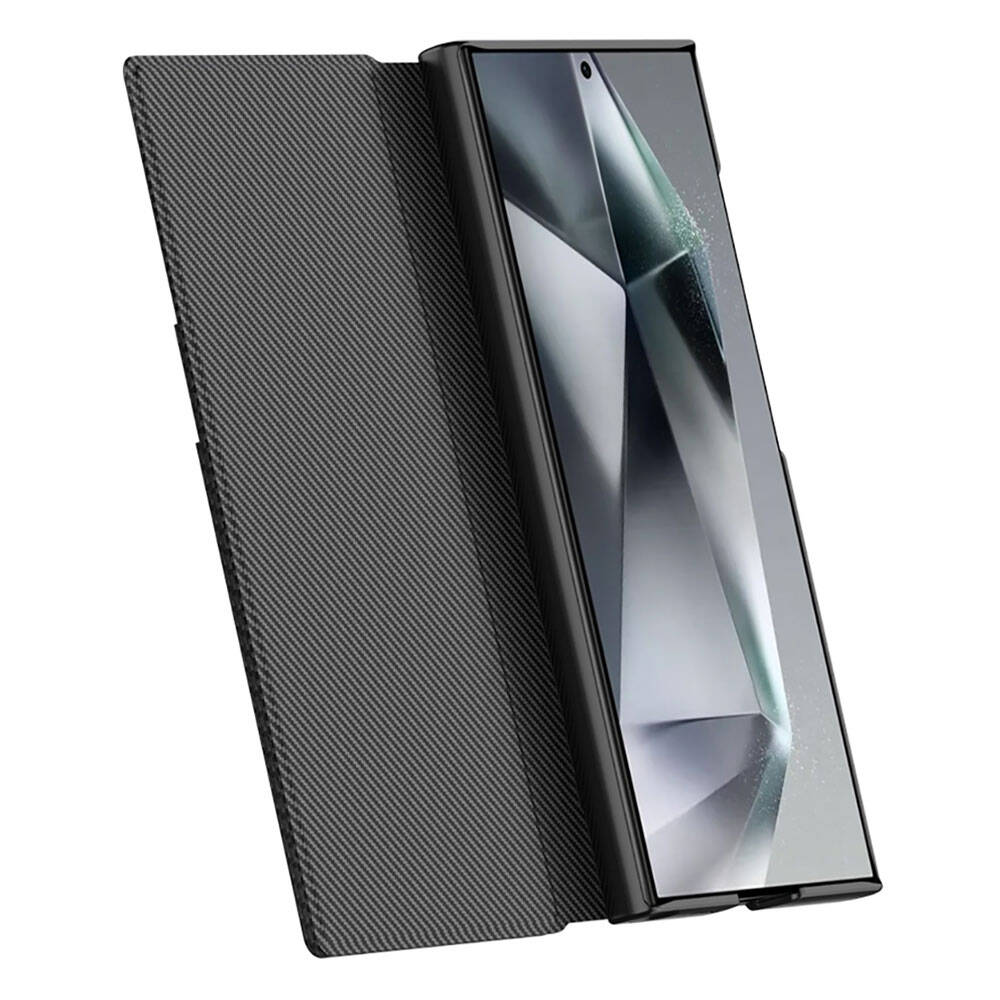 Galaxy S24 Ultra Kılıf Kamera Korumalı Karbon Tasarım Zore Droga Standlı Kartlıklı Kapaklı Kılıf Siyah Karbon