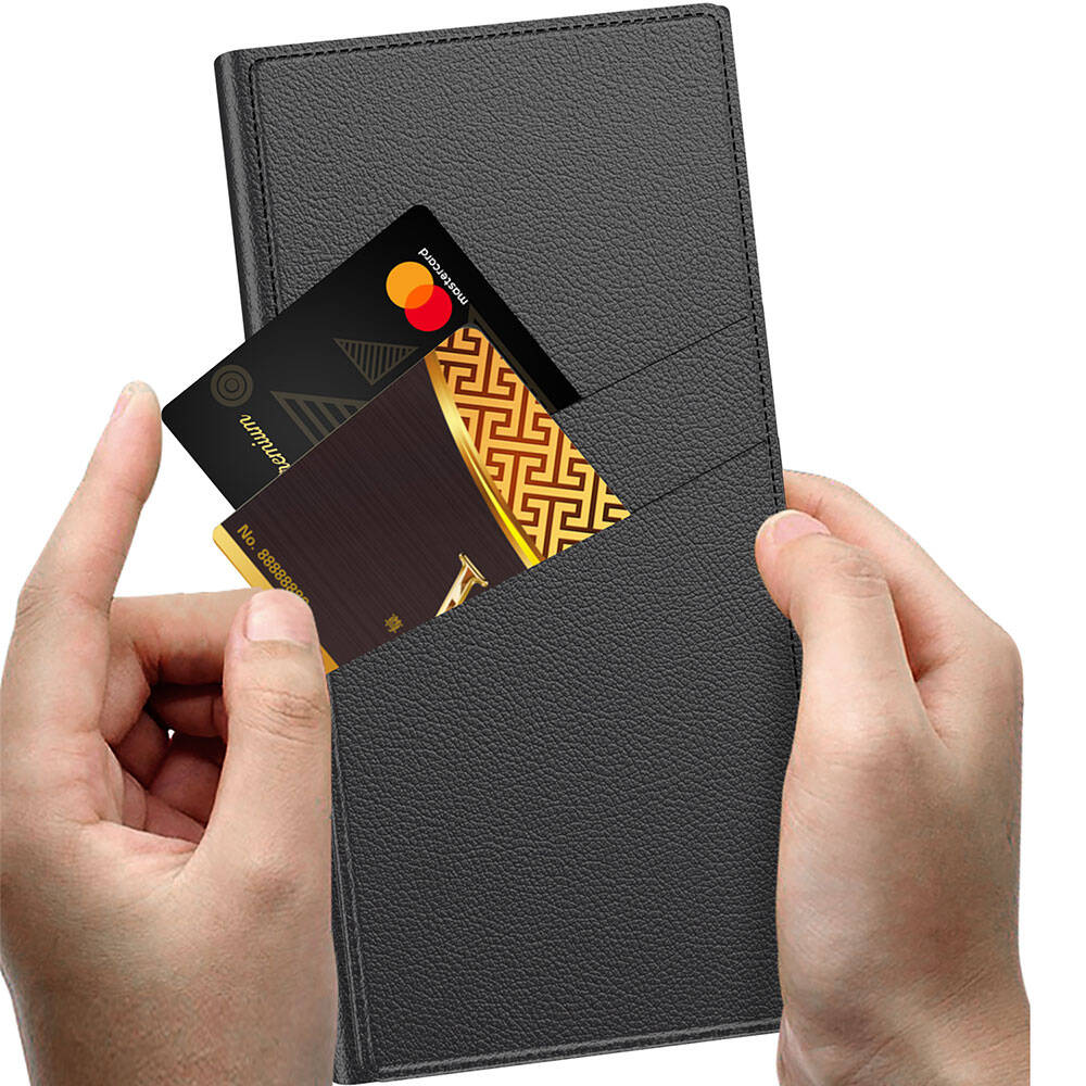 Galaxy S24 Ultra Kılıf Kamera Korumalı Suni Deri Tasarım Zore Droga Standlı Kartlıklı Kapaklı Kılıf Titanyum-Gri