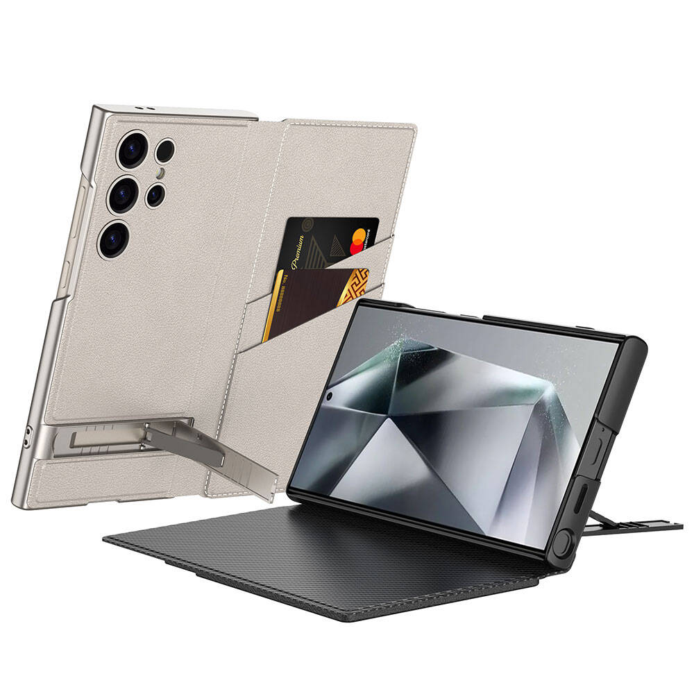 Galaxy S24 Ultra Kılıf Kamera Korumalı Suni Deri Tasarım Zore Droga Standlı Kartlıklı Kapaklı Kılıf Titanyum-Gri