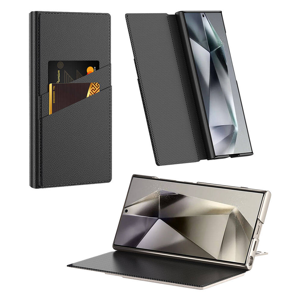 Galaxy S24 Ultra Kılıf Kamera Korumalı Suni Deri Tasarım Zore Droga Standlı Kartlıklı Kapaklı Kılıf Titanyum-Gri