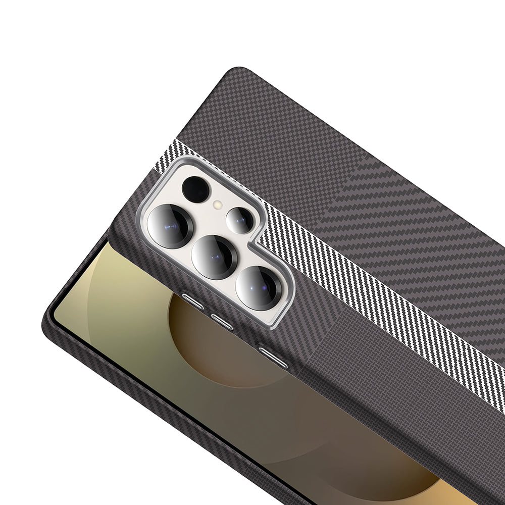 Galaxy S25 Ultra Kılıf M-safe Şarj Özellikli Karbon Fiber Görünümlü Zore Gros Kapak Desert Titanyum