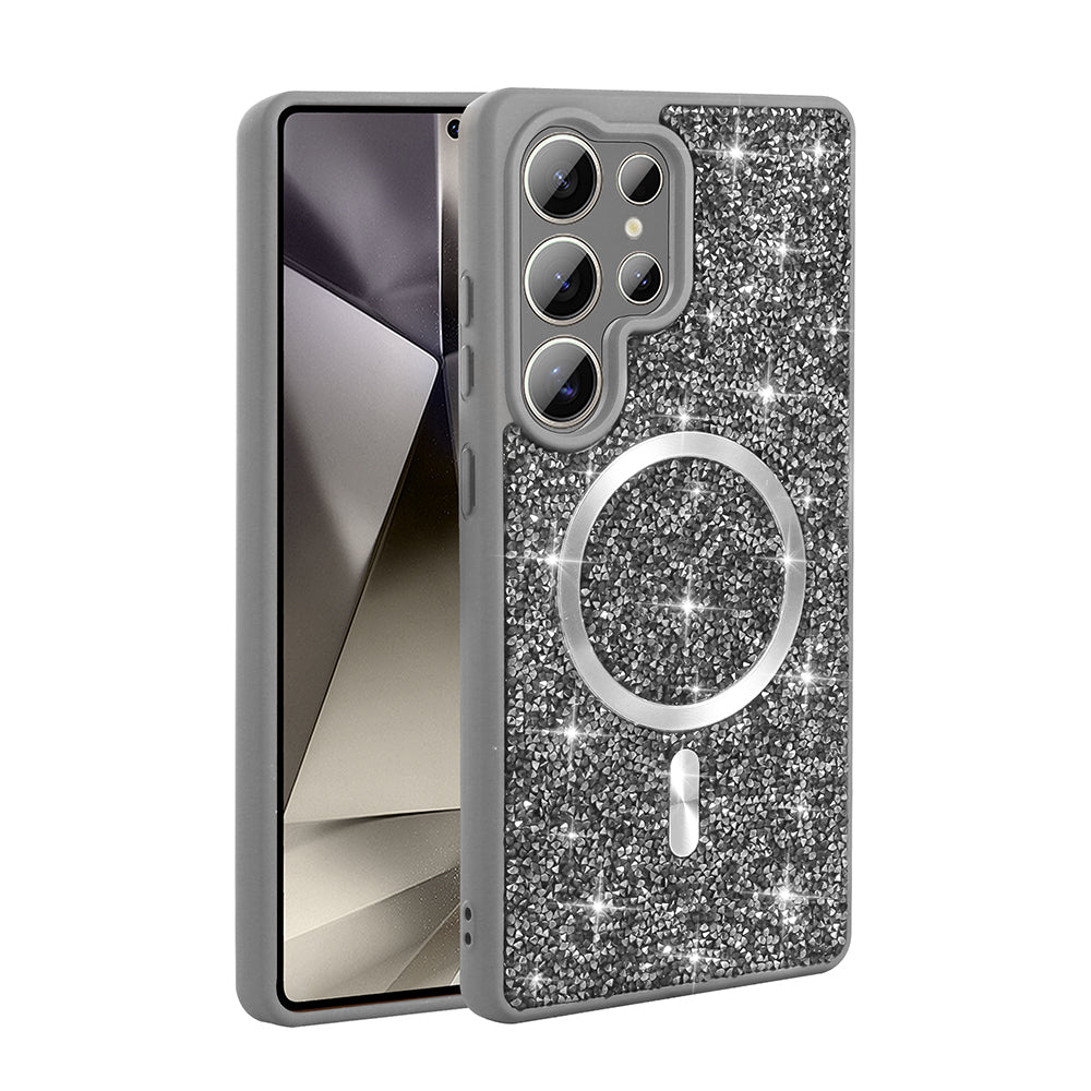 Galaxy S25 Ultra Kılıf Pırlanta Tasarımlı M-safe Şarj Özellikli Zore Mozaik Silikon Kapak Titanyum-Gri