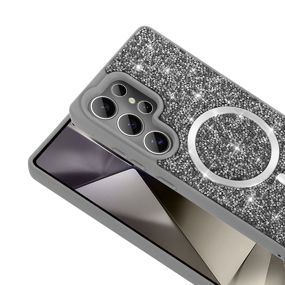 Galaxy S25 Ultra Kılıf Pırlanta Tasarımlı M-safe Şarj Özellikli Zore Mozaik Silikon Kapak Siyah